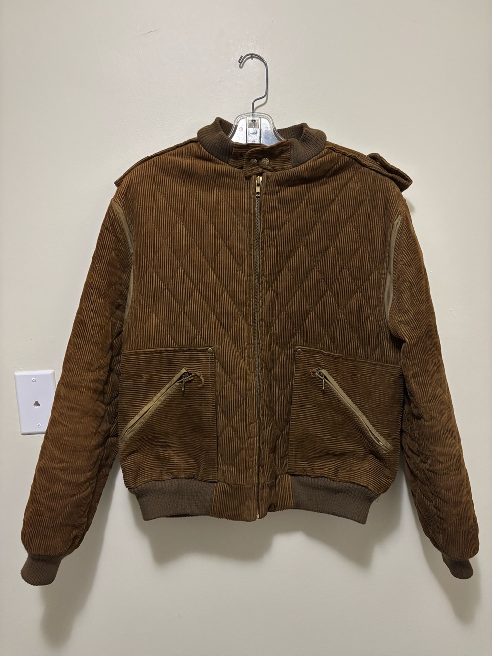 Vintage Jordache Quilted Corduroy Bomber Jacket Size 42 Brown Zip Up Epaulets